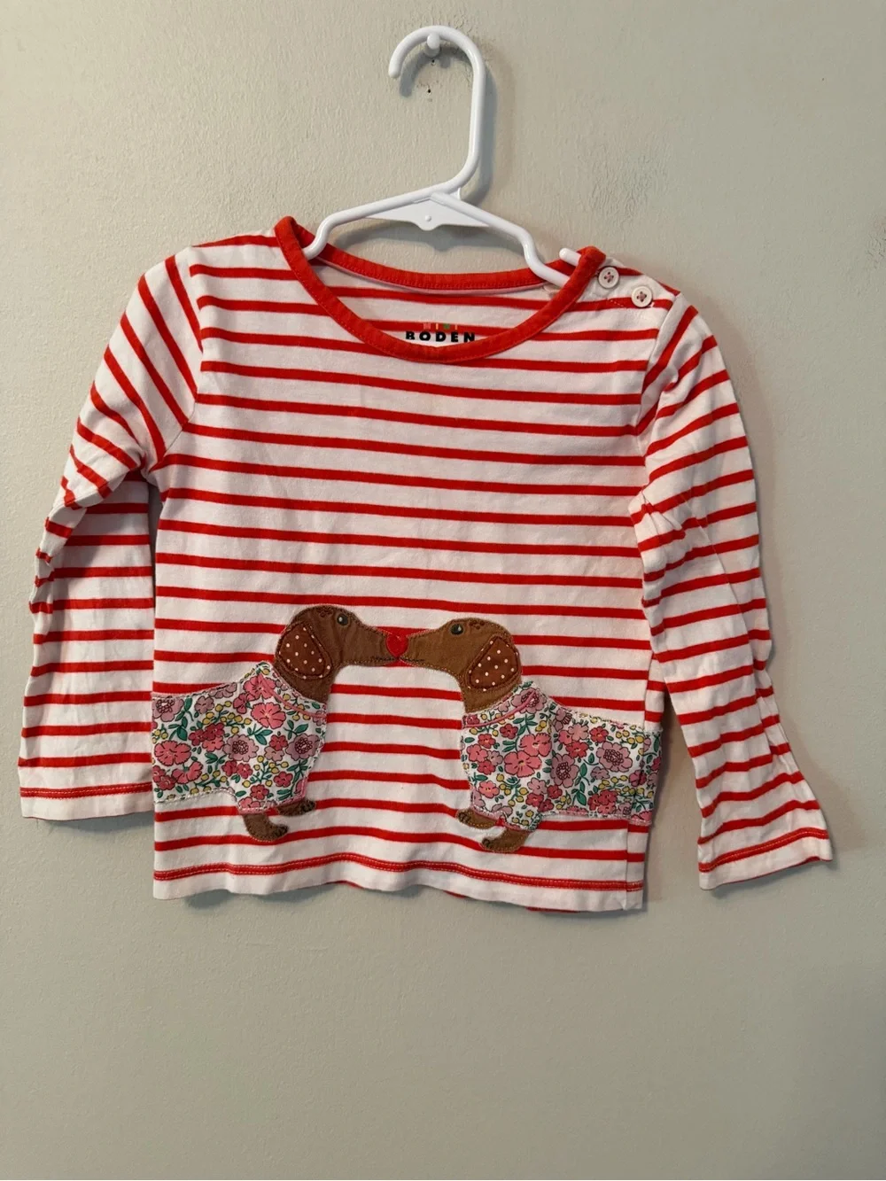 Mini Boden Boden Red & White Striped Long-Sleeve Tee with Dachshund Appliqués